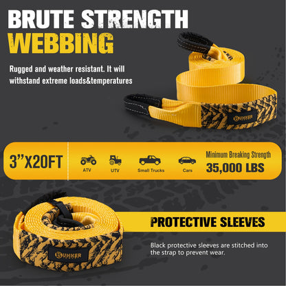 BUNKER INDUST Gen 7th Traction Board with Jack Base Orange + 3" x 20ft Tow Strap with Bag Recovery Kit