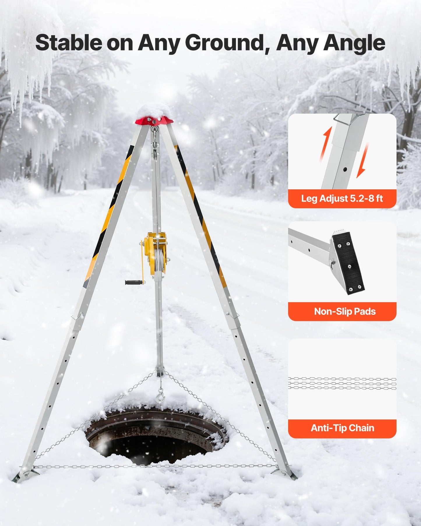 VEVOR Confined Space Tripod Kit, Heavy Duty Rescue Tripod Lifting Hoist 2600 lbs Winch, 4.76 ft Adjustable Legs, 98.5 ft Cable Portable Kit, 32.8 ft Fall Protection, 5.25-8.04 ft Working Height