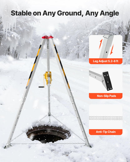 VEVOR Confined Space Tripod Kit, Heavy Duty Rescue Tripod Lifting Hoist 2600 lbs Winch, 4.76 ft Adjustable Legs, 98.5 ft Cable Portable Kit, 32.8 ft Fall Protection, 5.25-8.04 ft Working Height