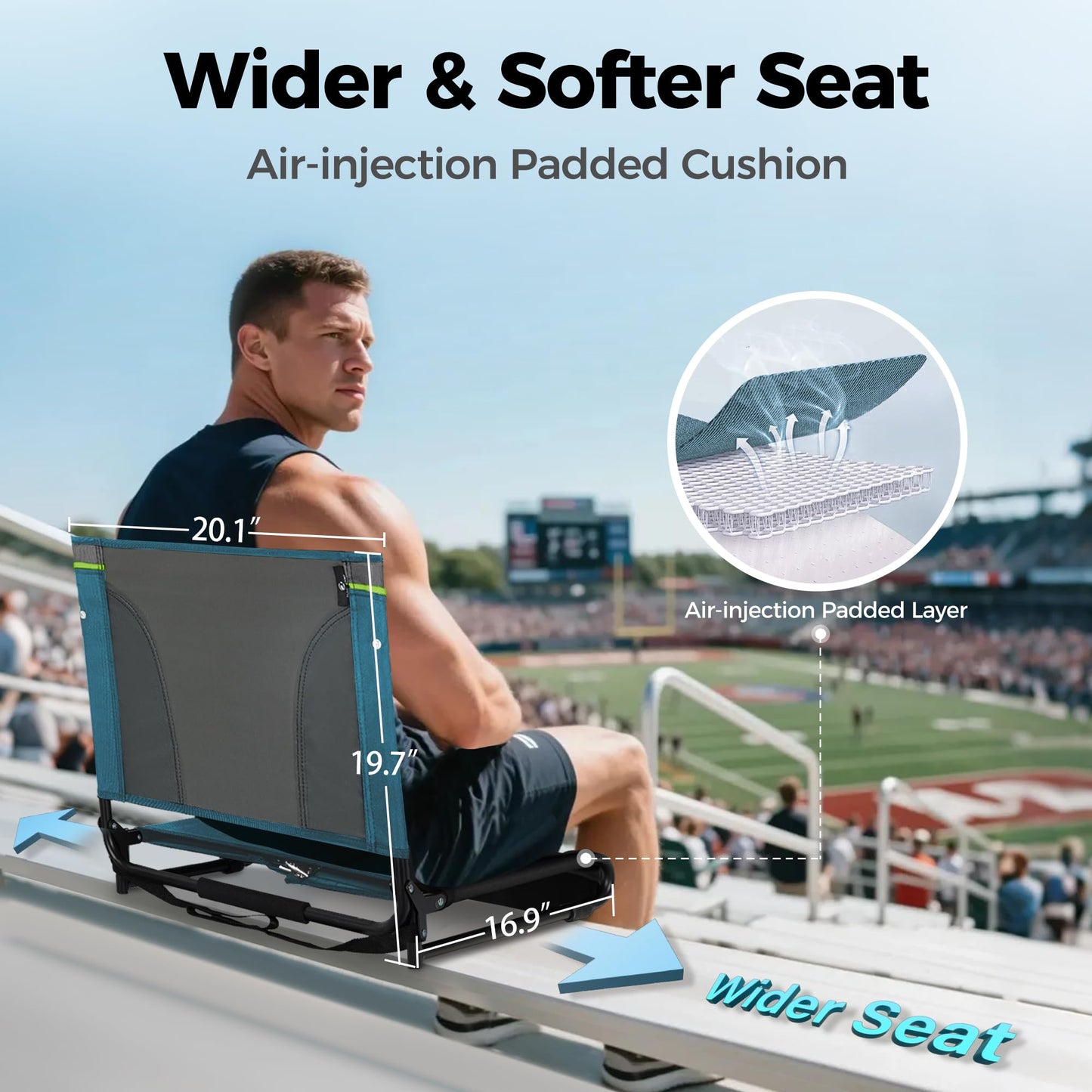 ALPHA CAMP Stadium Seats for Bleachers with Armrests - Thick Padded Bleacher Chairs with Back Support, Extra Wide Stadium Chair for Sports Events, Portable with Shoulder Straps & Pockets, Blue&Grey