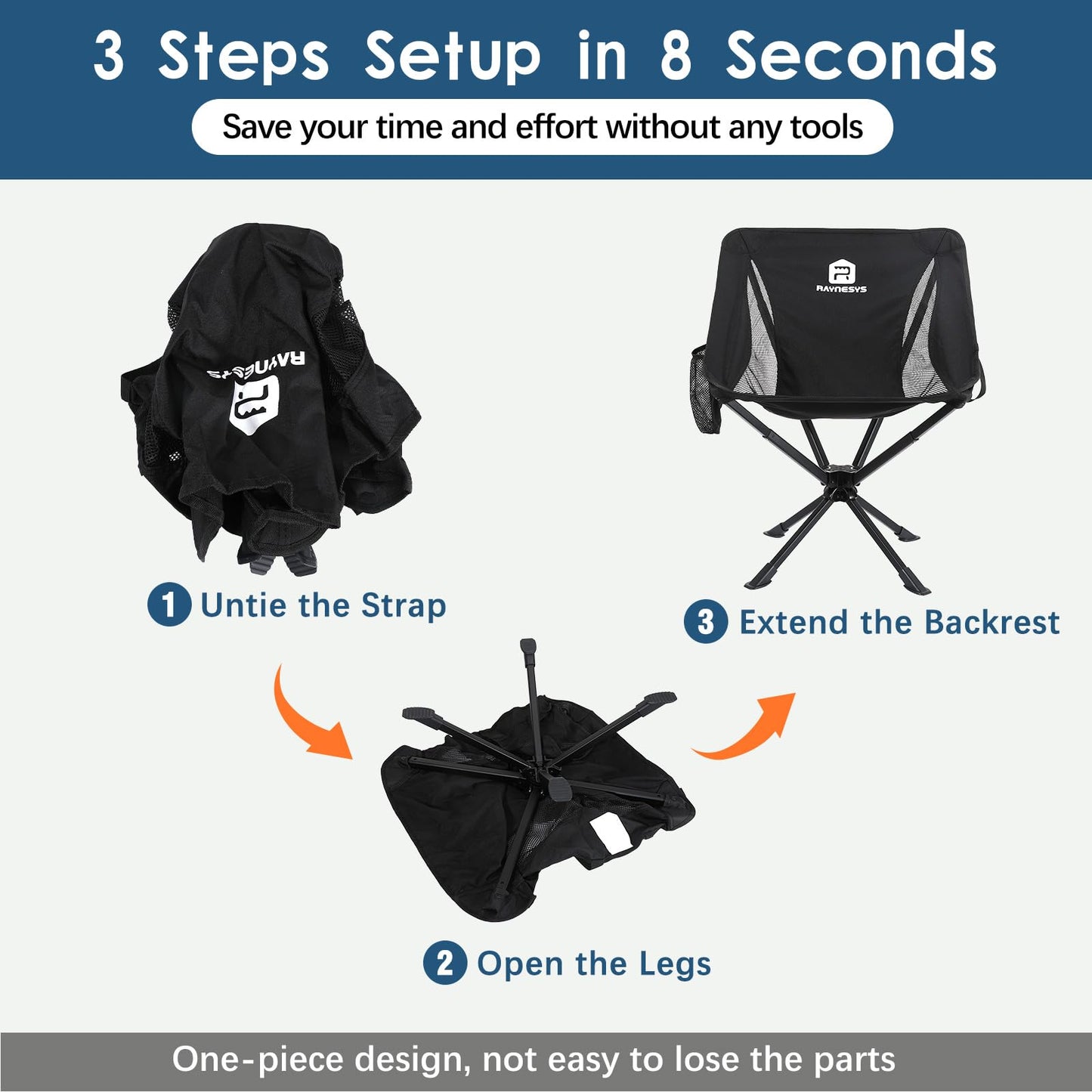 Raynesys Portable Camping Chair 2 Pack, 8 Seconds Quick Setup Folding Camping Chair, Flexible 360° Rotation, 3.8Lb Lightweight Travel Chairs for Easy Carry to Hiking, Sporting, Travel, Beach