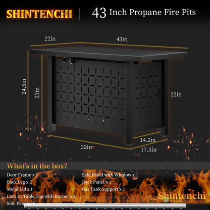 Shintenchi 43" Propane Fire Pit Table,50,000 BTU Rectangular Gas Fire Pit Table,CSA-Certified Steel 2-in-1 Multi-Use Propane Gas FirePits with Lid and Lava Rocks for Patio Garden Yard,Black