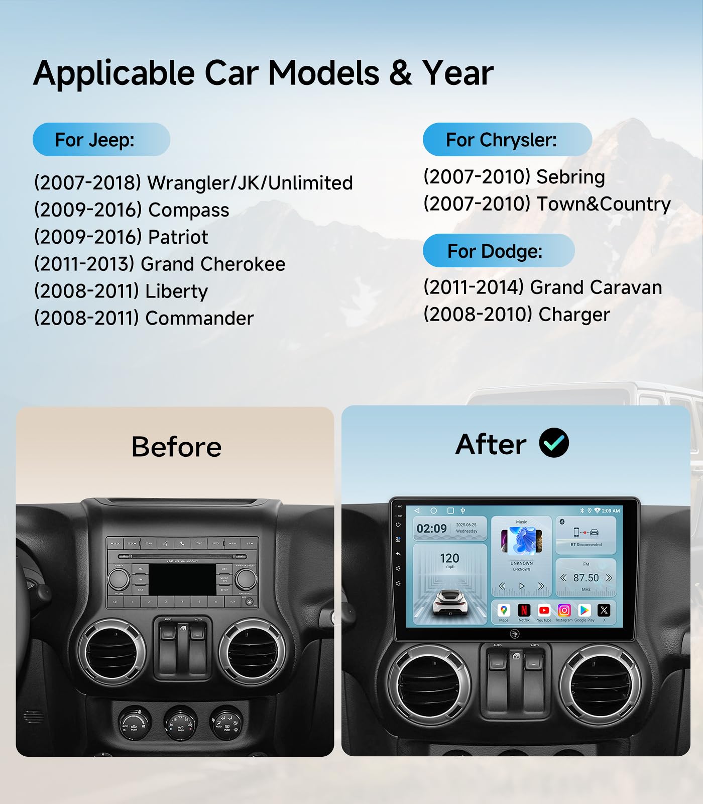 Car Radio Stereo Upgrade for Jeep Wrangler JK Compass Grand Cherokee Dodge Ram with Wireless CarPlay/Android Auto/10.2'' TouchScreen/Android13/GPS Navigation/Backup Camera (New-HC-Jeep 2+32G)