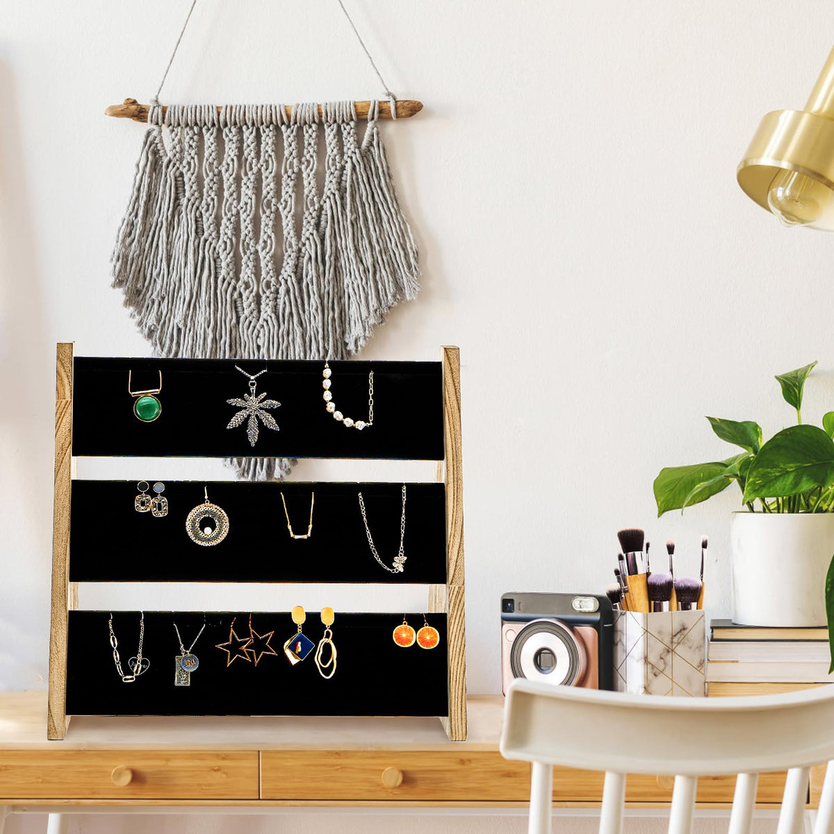 Acshio 3 Tier Necklace Display Stand, Wood Necklace Holder Organizer with Velvet, 72 Slot Tabletop Jewelry Stand Storage for Selling Bracelets Earring, Home Store Trade Show
