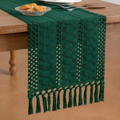 Socomi Boho Table Runner Macrame Easter Spring Farmhouse Woven Cotton Linen Rustic Coffee Table Runner with Tassels for Dresser Scarf Home Decor Dining Room 12x90 inch Emerald Green
