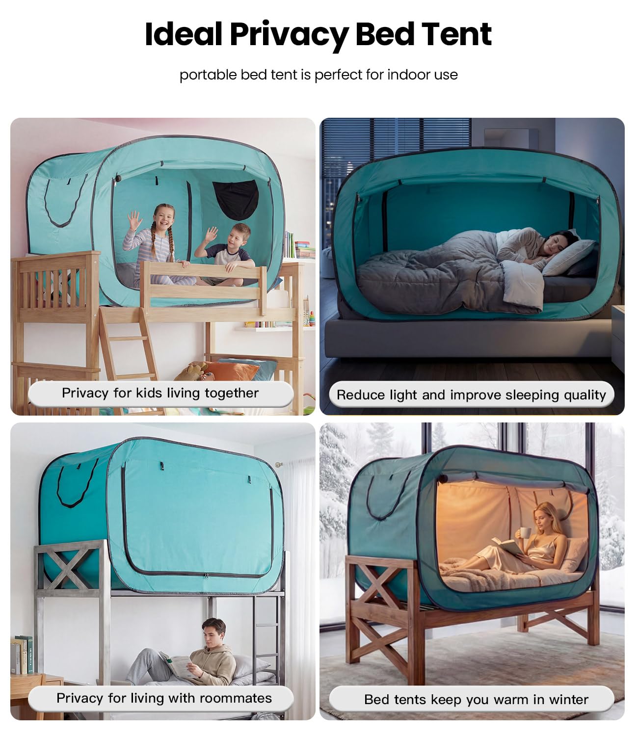 ANC POP Bed Tent Twin Bed Canopy Portable Dream Tent for Adult Indoor Sleeping Tents with 2 Doors Breathable Private Space Tents, Teal