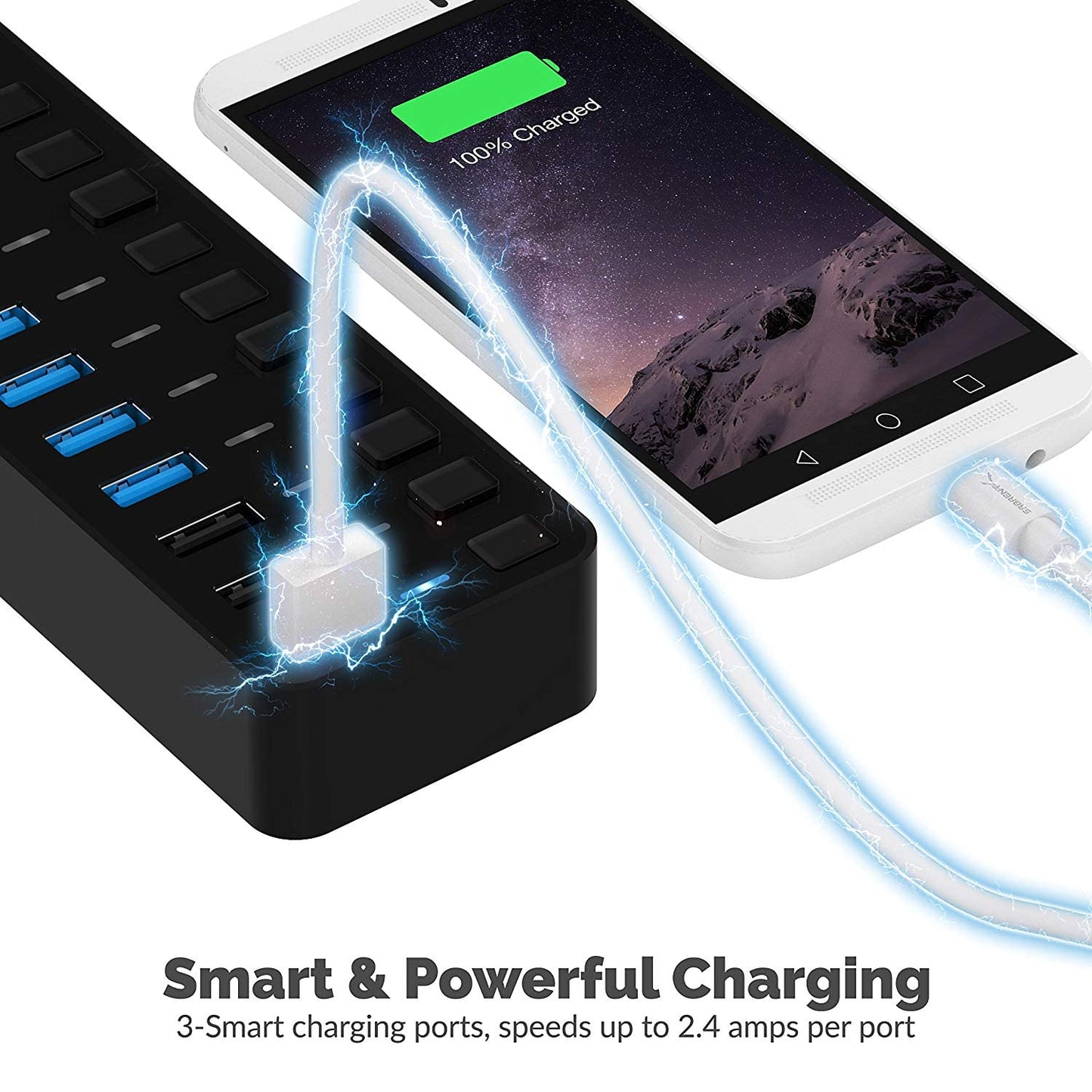 SABRENT 10-Port USB 3.0 Hub, Individual Power Switches and LEDs, 3 Smart Charging Ports, 60W Power Adapter, for PC, Mac, Xbox, PS5, Laptop, Desktop, USB Devices (HB-B7C3)