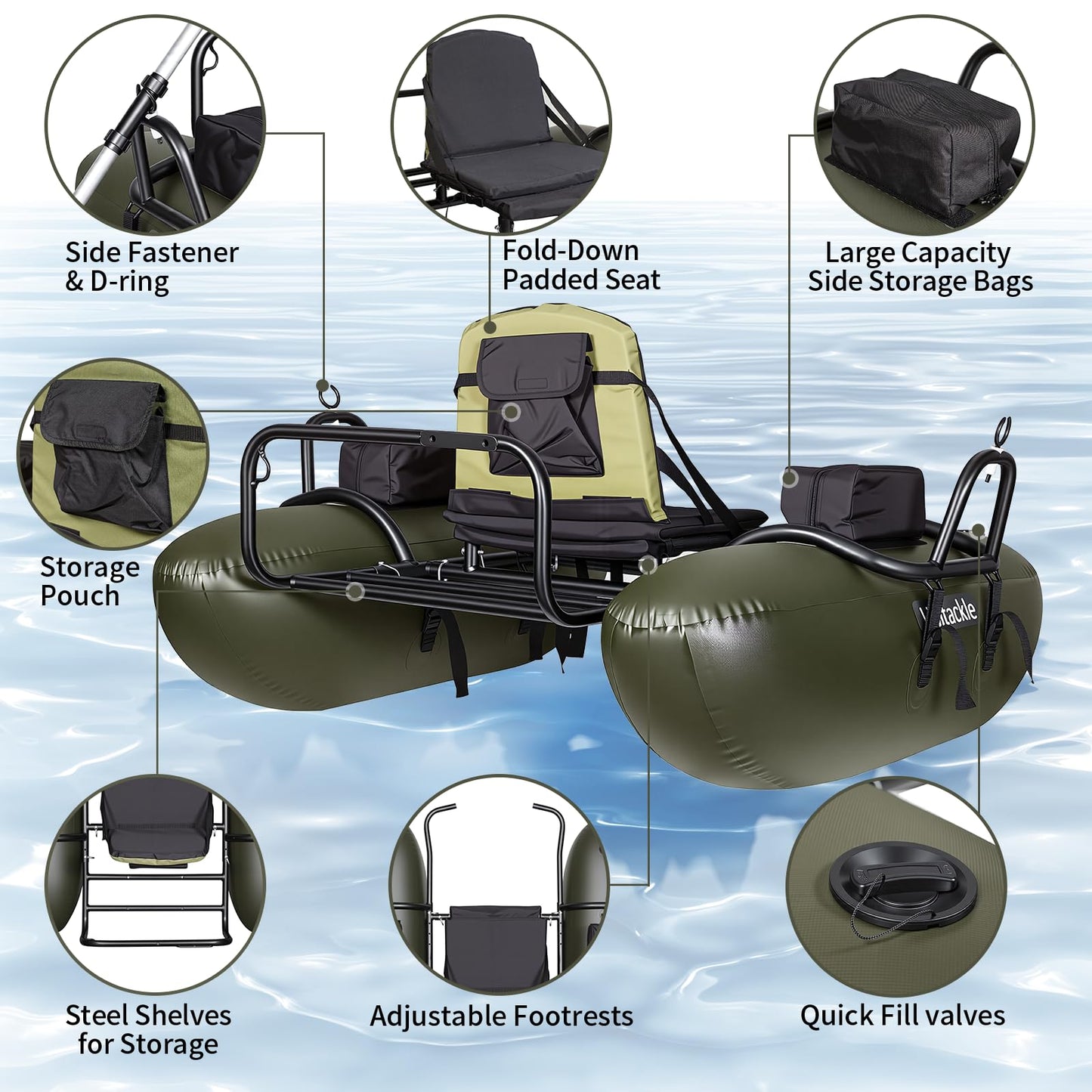 UNITACKCLE Inflatable Fishing Float Tube, Pontoon Boat with Adjustable Footrest, Folding Padded Seat, Paddles, Foot Air Pump Included, 249 LBS Load Capacity, Belly Boat Suitable for One Person Fishing
