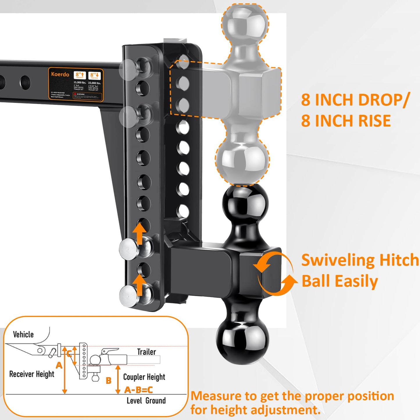 Adjustable Trailer Hitch -Drop Hitch-Tow Hitch FITS 2.5 inch Receiver-8inch Drop/Rise, 2" & 2-5/16" Ball Hitches for Trucks, 22,000 LBS GTW, Trailer Hitches with Anti-Theft Pin, Black