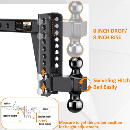 Adjustable Trailer Hitch -Drop Hitch-Tow Hitch FITS 2.5 inch Receiver-8inch Drop/Rise, 2" & 2-5/16" Ball Hitches for Trucks, 22,000 LBS GTW, Trailer Hitches with Anti-Theft Pin, Black