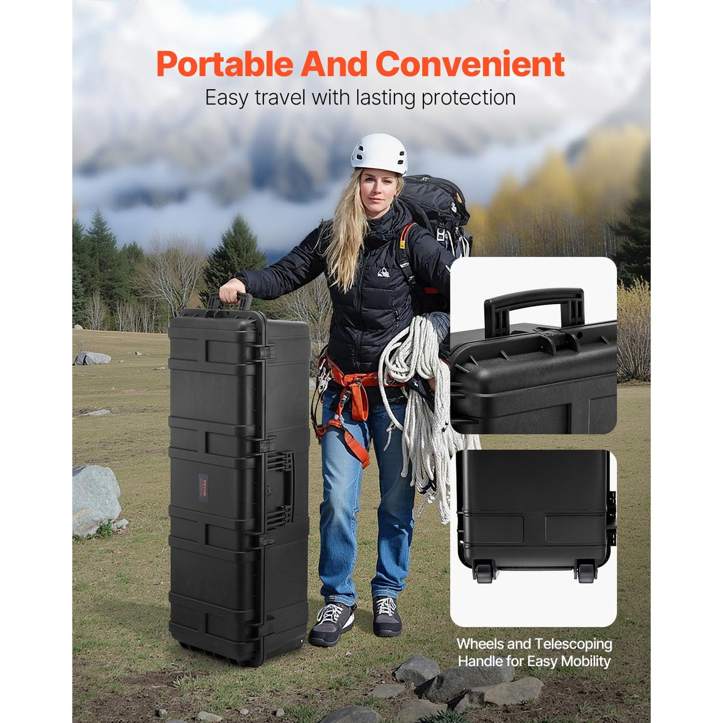 VEVOR Weatherproof Hard Case, Heavy Duty Protective Dry Box Case with Pre-Cut Foam Retractable Pull Handles for Travel, Hunt, Military, Tactical, IP67 Waterproof, for Cameras(44.09 * 15.94 * 13.46)