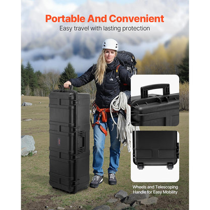 VEVOR Weatherproof Hard Case, Heavy Duty Protective Dry Box Case with Pre-Cut Foam Retractable Pull Handles for Travel, Hunt, Military, Tactical, IP67 Waterproof, for Cameras(44.09 * 15.94 * 13.46)