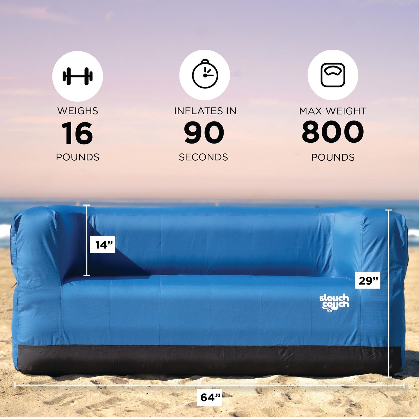 Slouch Couch | Air Sofa with Built-in Pump, Hidden Cup Holders, Storage Pockets | Durable Blow Up Couch with High-Performance Fabric for Camping, Beach, Home & Outdoors (Daydream)