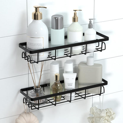 Shower Caddy Organizer - Self-Adhesive Bathroom Shelves with Hooks | No Drilling, 2-Pack Black