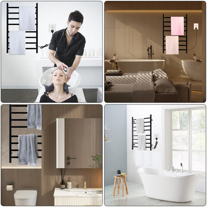 Towel Warmer Heated Towel Bar-Rack - Nopwer Bathroom Wall Mounted Electric Towel Drying Plug-in Matte Black 8 Bars