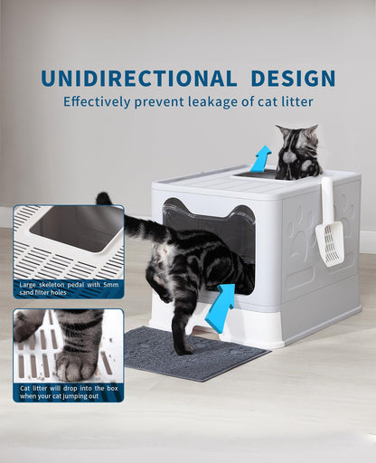 Medario Cat Litter Box with Litter Mat and Scoop, Large Foldable Litter Box with Lid, Front Entry Top Exit Kitty Box, Odor Control, Easy to Clean (Grey)