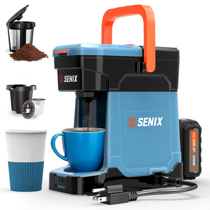 SENIX Coffee Maker Single Serve, Portable, 2-in-1 20V 5.0 Ah Battery, Charger & Power Cord, Compatible with K-Cups, Ground, Pods, 8oz Brew Size - for Travel, Camping, To-Go, Job Site, Home (CMX2-M4)