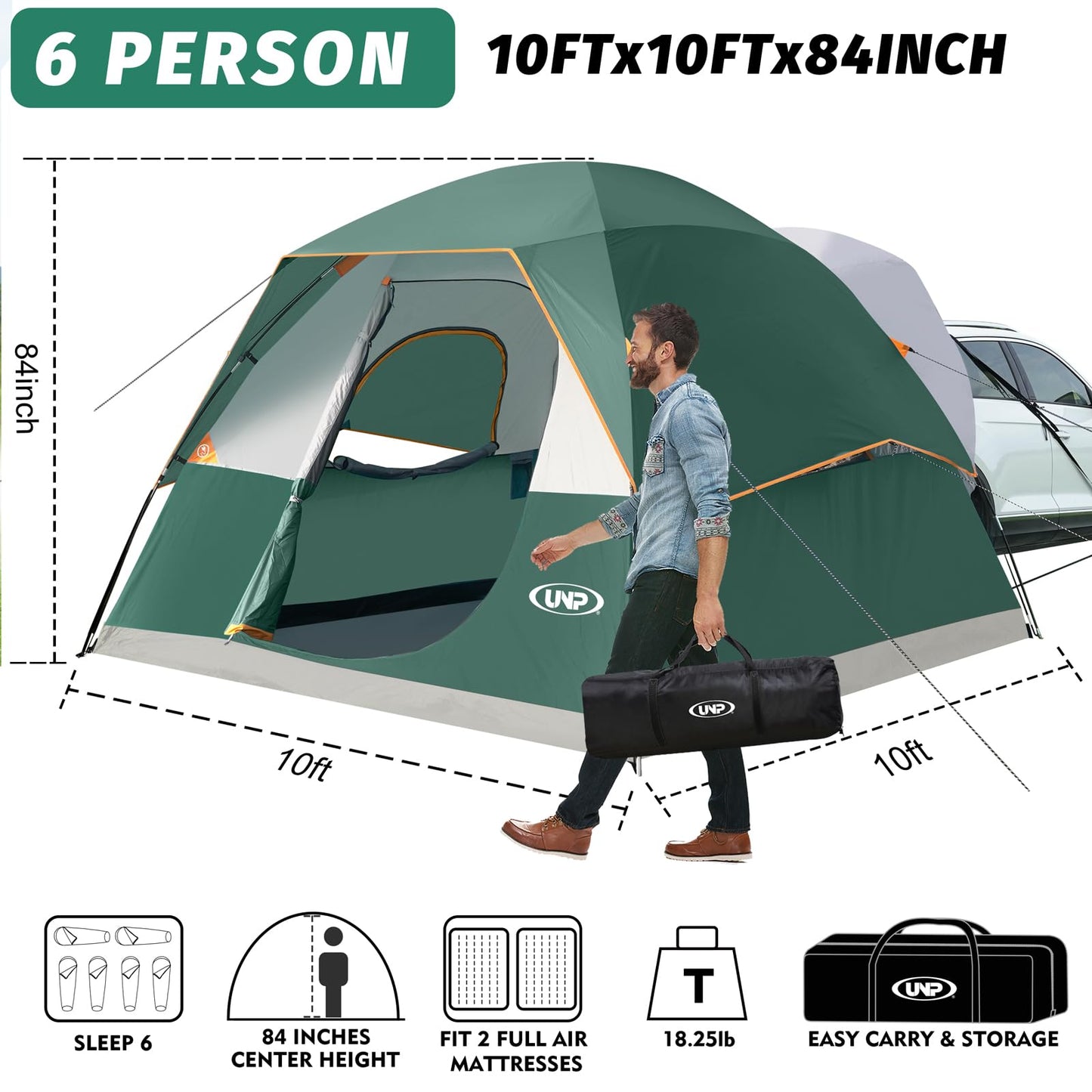UNP SUV Dome Tent for Camping, Outdoor 6 Person Car Camping Tent, Easy Set Up SUV Tailgate Tent with Rainfly 10' x 10' Vehicle Camping Tent