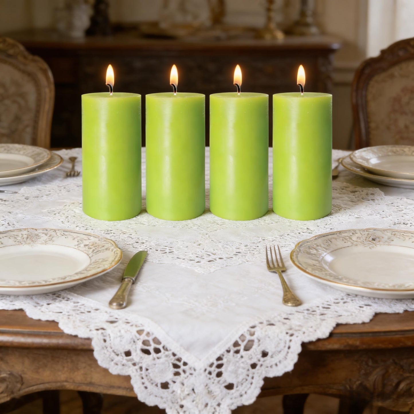 4 Pack Apple Green Pillar Candles, 2x4 Inch, Long-Lasting, Dripless and Smokeless Unscented Candles, Ideal for Home Décor, Parties Weddings and Relaxation