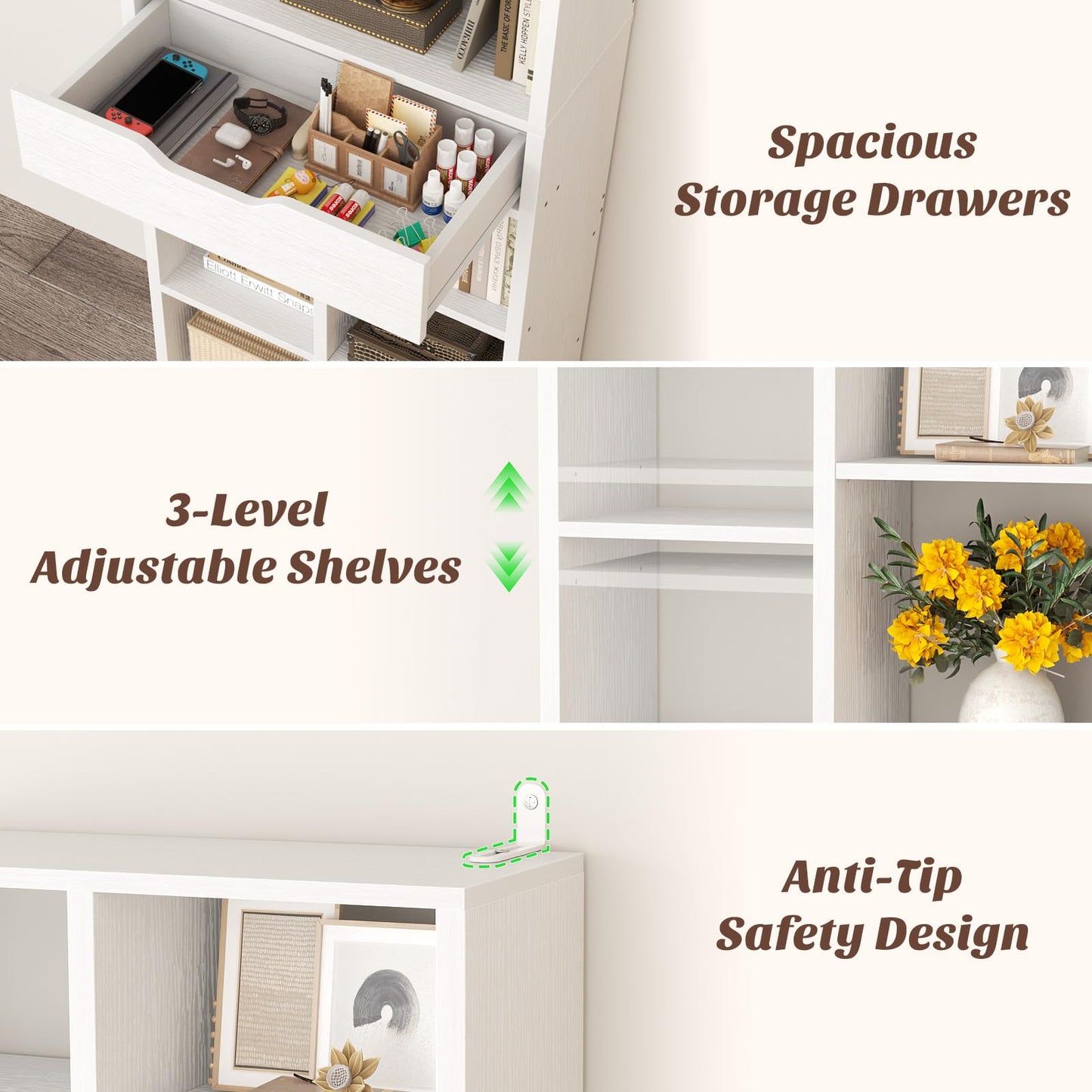 Armocity 8-Tier Tall Bookshelf with Drawer, 73.6" Narrow Freestanding Bookcase, Space-Saving Wood Display Shelves Storage for Living Room, Home Office Bedroom, White
