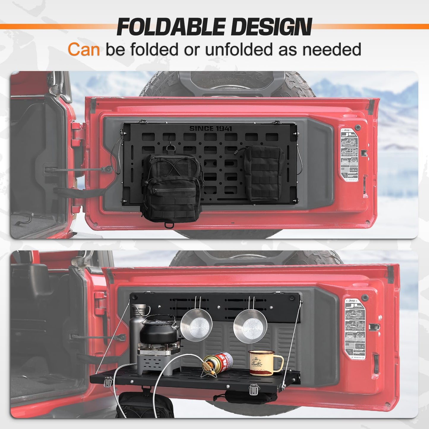 AMWMORV Rear Door Foldable Storage Cargo Rack Tailgate Table Compatible with 2018-2024 Jeep Wrangler JL/JLU 2&4 Door,Heavy-Duty Single-Layer Foldable| No Drilling| Water Drainage