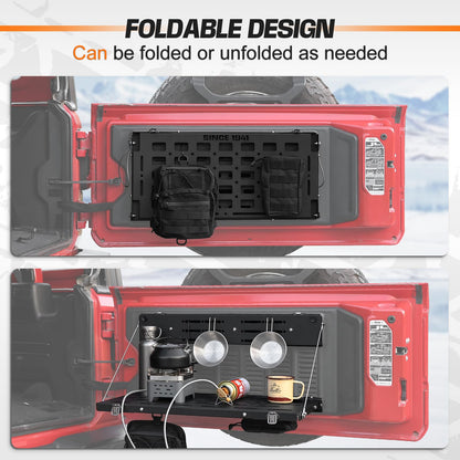 AMWMORV Rear Door Foldable Storage Cargo Rack Tailgate Table Compatible with 2018-2024 Jeep Wrangler JL/JLU 2&4 Door,Heavy-Duty Single-Layer Foldable| No Drilling| Water Drainage