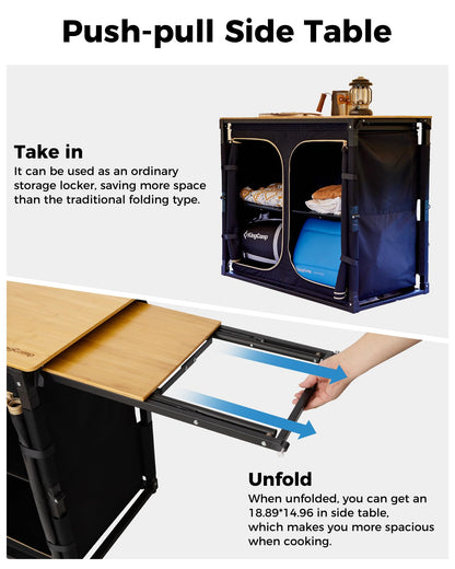 KingCamp Bamboo Camp Kitchen Table, Slide-Out Overland Table with 400L Storage, Portable Outdoor Prep Station with Sink, Windscreen & Lantern Pole for RV, Tailgating, BBQ