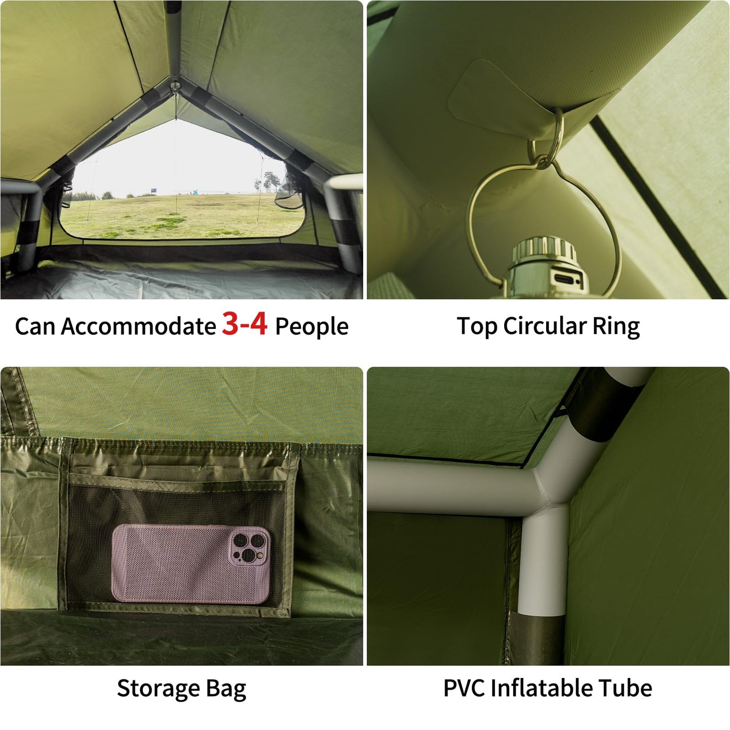 WaldZimmer 6sq Green Inflatable Camping Tent with Hand Pump Easy Setup Waterproof Windproof Outdoor Blow up Tent 3-4 Person Oxford 4 Season Glamping Air Tents Cabin House with Mesh Windows & Door