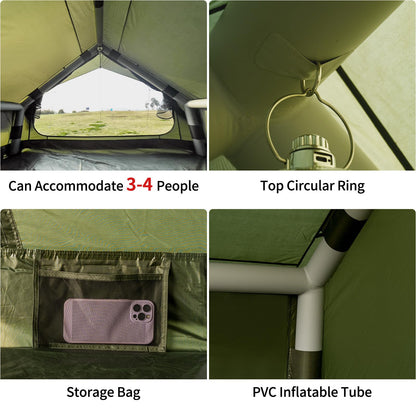 WaldZimmer 6sq Green Inflatable Camping Tent with Hand Pump Easy Setup Waterproof Windproof Outdoor Blow up Tent 3-4 Person Oxford 4 Season Glamping Air Tents Cabin House with Mesh Windows & Door