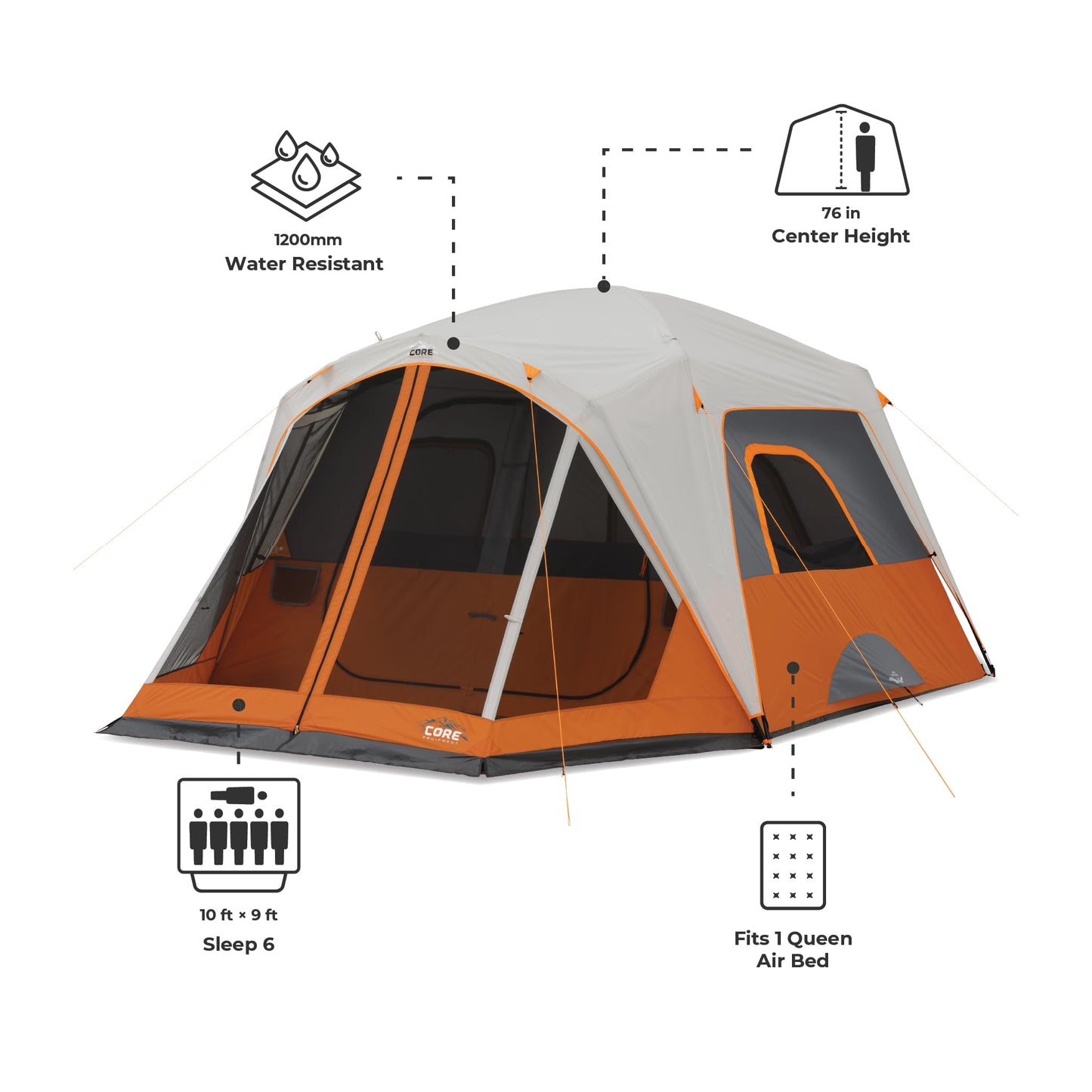 CORE 6 Person Cabin Tent with Screen Room | Portable Family Tent with Carry Bag for Outdoor Car Camping | Included Gear Loft for Camping Accessories