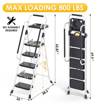 TOOLF 5 Step Ladder, Sturdy Steel Step Stool with Tool Platform, Anti-Slip Wide Pedals, Handrail, Safe-Lock Design, Folding Portable Ladder for Home, Kitchen, Pass 800lbs Load Testing, White