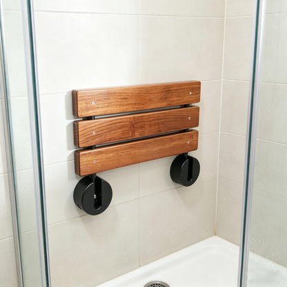 DIYHD 20" Premium Burmese Teak Wood Folding Shower Seat,Black Wall Mounted Folding Bench, Solid Teak Wood with Stainless Steel Bars, 330 lbs Capacity, 14” W x 20” D, Fits 16” Stud Spacing