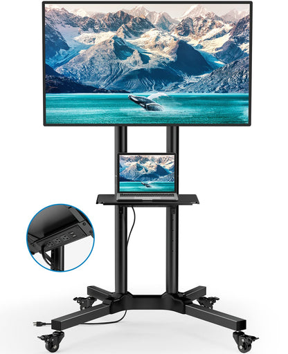 HUANUO Rolling TV Stand with Power Outlet, Mobile TV Cart for 32-85 Inch Flat/Curved TVs, Tilt & Height-Adjustable TV Cart on Wheels Holds 132 lbs, Max VESA 600x400mm HNTVMC01