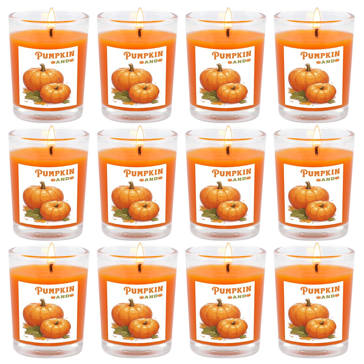 Pumpkin-Scented Glass Votive Candles, Set of 12 – Warm Fall Aroma, Perfect for Home Decor, Thanksgiving, and Halloween Parties