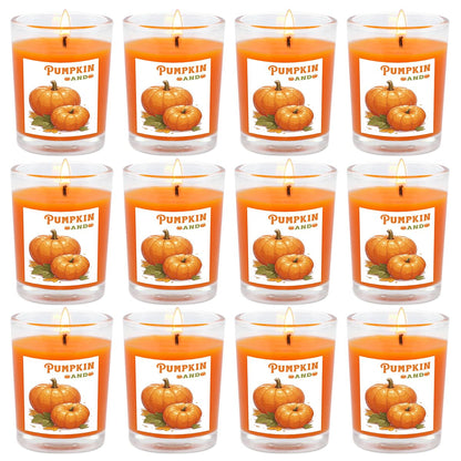Pumpkin-Scented Glass Votive Candles, Set of 12 – Warm Fall Aroma, Perfect for Home Decor, Thanksgiving, and Halloween Parties