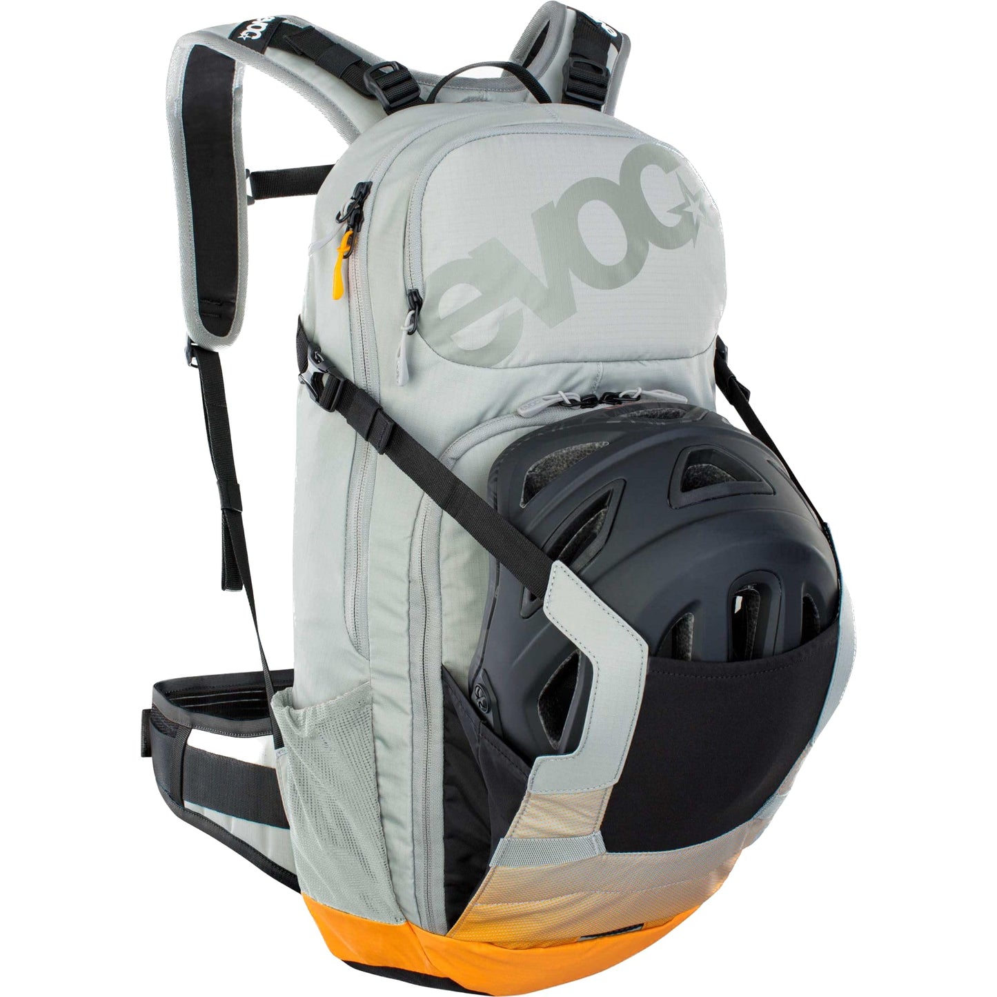 EVOC FR ENDURO E-Ride 16 E-Bike Backpack, Bike Rucksack (Padded Compartment for Spare Battery, Belt Fixing System, Control Display Pocket, Liteshield Back Protector), Stone Grey/Light Orange