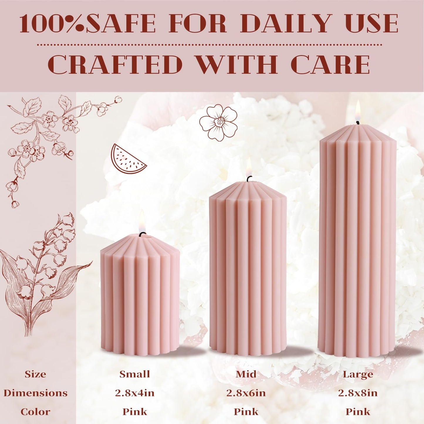 Pink Ribbed Pillar Candle Set of 3 - Wild Bluebell Scented Soy Wax Candle,Aesthetic Decorative Textured Pillar for Home Decor-2.8x4,6,8in Long Lasting Fragrance for Mother’s Day Gifts,Spa,Wedding