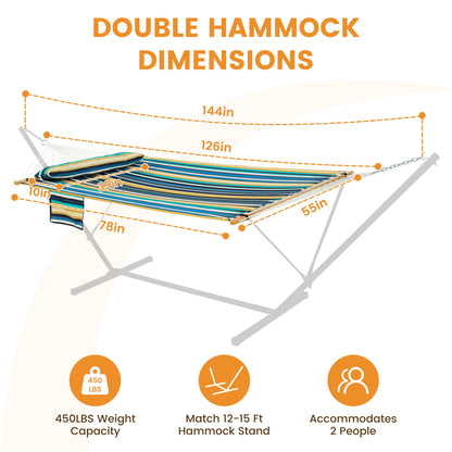 Lazy Daze Hammocks 10.5FT 2 Person Double Quilted Fabric Hammock with Spreader Bar, Detachable Pillow, Side Pocket, Carabiners, Chains, Straps for Outdoor, 450lbs Capacity, Beach Stripes