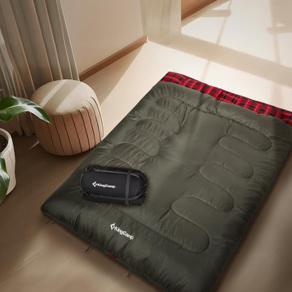 KingCamp Double Sleeping Bag for Adults, Queen Size 2 Person XXL Flannel Sleeping Bag, Waterproof Lightweight Flannel Quilt with 2 Pillows, Perfect for Couples Family Camping Hiking, Green