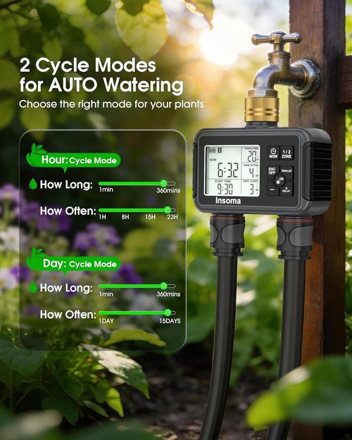 Insoma Water Timer - 2-Zone Brass Inlet & Outlet Hose Timer for Garden | Auto/Manual/Rain Delay Modes