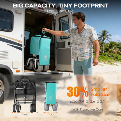 Navatiee 260L Beach Wagon with Extended Tailgate, 440lbs Heavy Duty Beach Cart with 9” Big Balloon Wheels for Sand, Collapsible Folding Wagon with Side Pocket for Outdoor, Light Blue