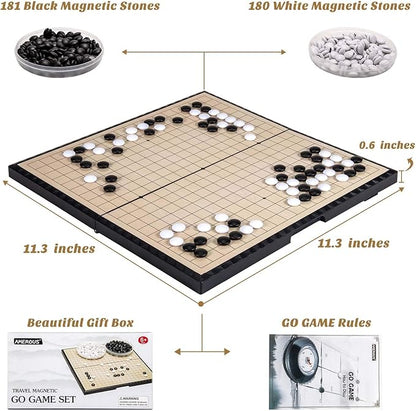 AMEROUS 11 Inches Magnetic Go Game Set (19 x 19) Travel Foldable Board Game Set with Magnetic Plastic Stones &amp Go Game Rules for Beginner Kids Adults （Weiqi）