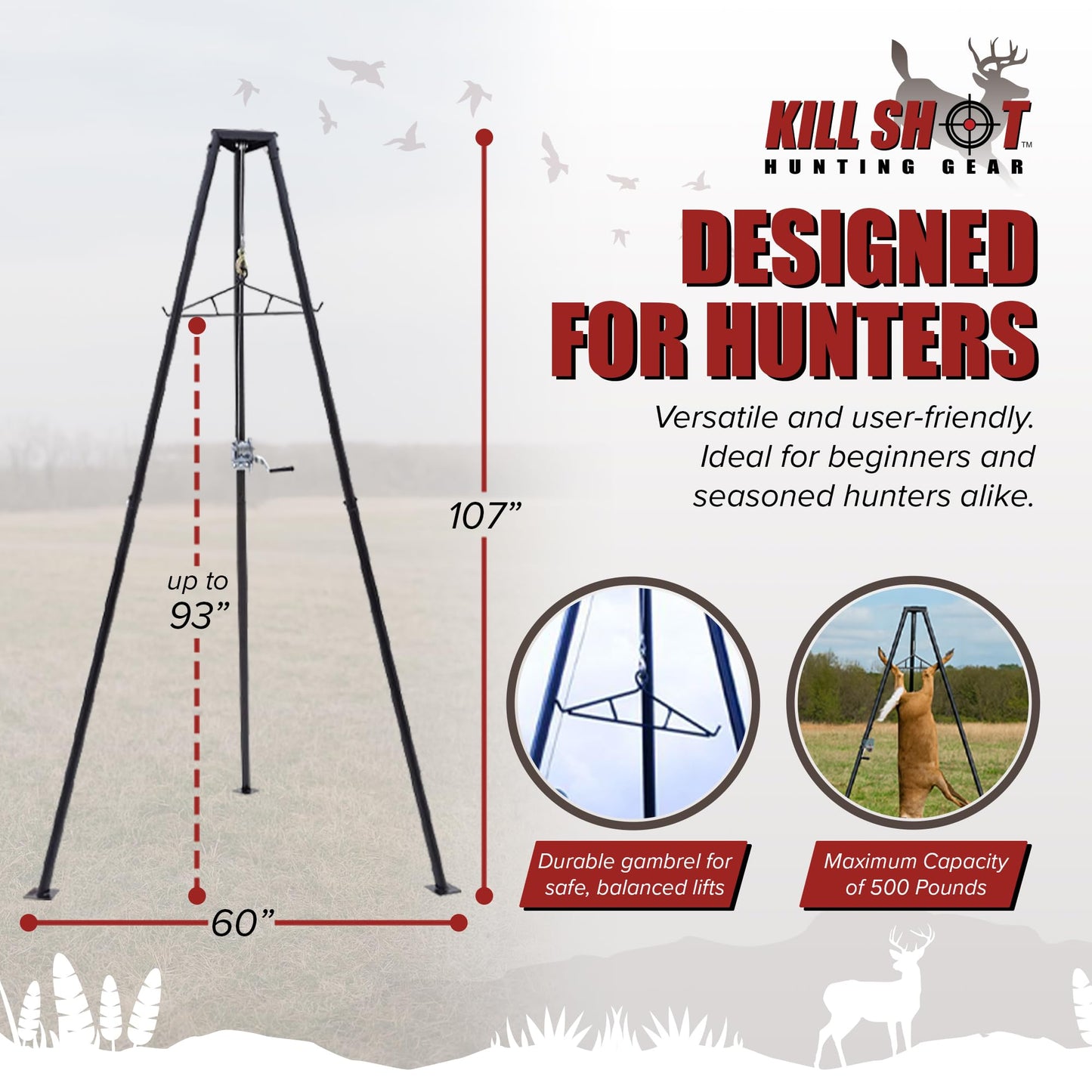 Kill Shot Hunting Tripod Game Hoist 500 lb Capacity with Gambrel & Winch for Cleaning, Skinning, Moving Game