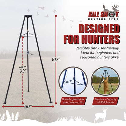 Kill Shot Hunting Tripod Game Hoist 500 lb Capacity with Gambrel & Winch for Cleaning, Skinning, Moving Game