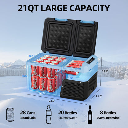 Tecnolove 25L Car Refrigerator Freezer, 27QT Dual-Compartment Portable Cooler with Reversible Door, 100–240V AC / 12V / 24V DC Powered, Touchscreen Control, LED Light, -4℉ to 68℉, Ice Blue