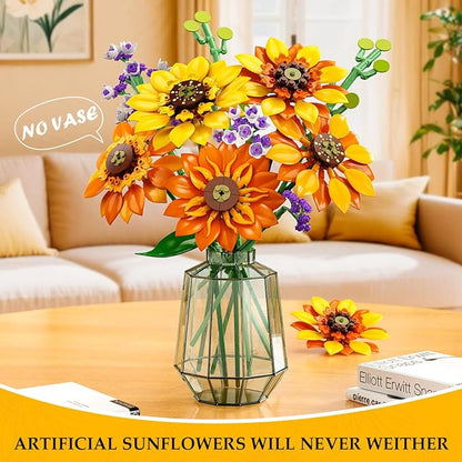 Flowers Sunflower Bouquet Building Set with Lights - 17 Flowers Botanical Collection Artificial Plant Sunflower Building Blocks Art Home Decor Easter Gifts for Adults Women Girl (1011PCS)