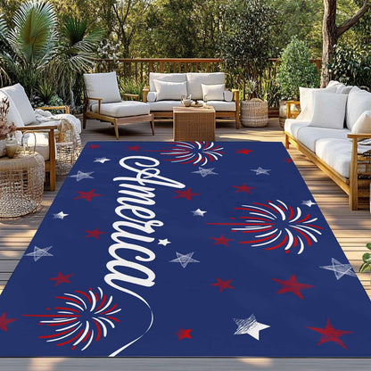 4th of July Outdoor Rug 5x8 ft American Flag Outdoor Large Area Rug Non Slip Patriotic Stars Red Blue Fireworks Front Door Mat RV Camping Carpet Patio Outdoor Rugs for Backyard Balcony Indoor