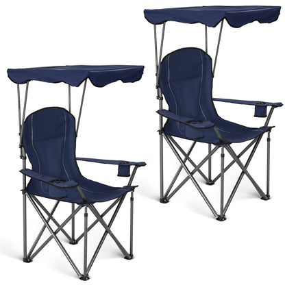 ALPHA CAMP Heavy Duty Canopy Camping Chair, 350 lbs Capacity Oversized Folding Chair with Adjustable Sunshade, Portable Sunshade Chair with Cup Holder for Beach, Fishing, Outdoor - Navy Blue,2PC