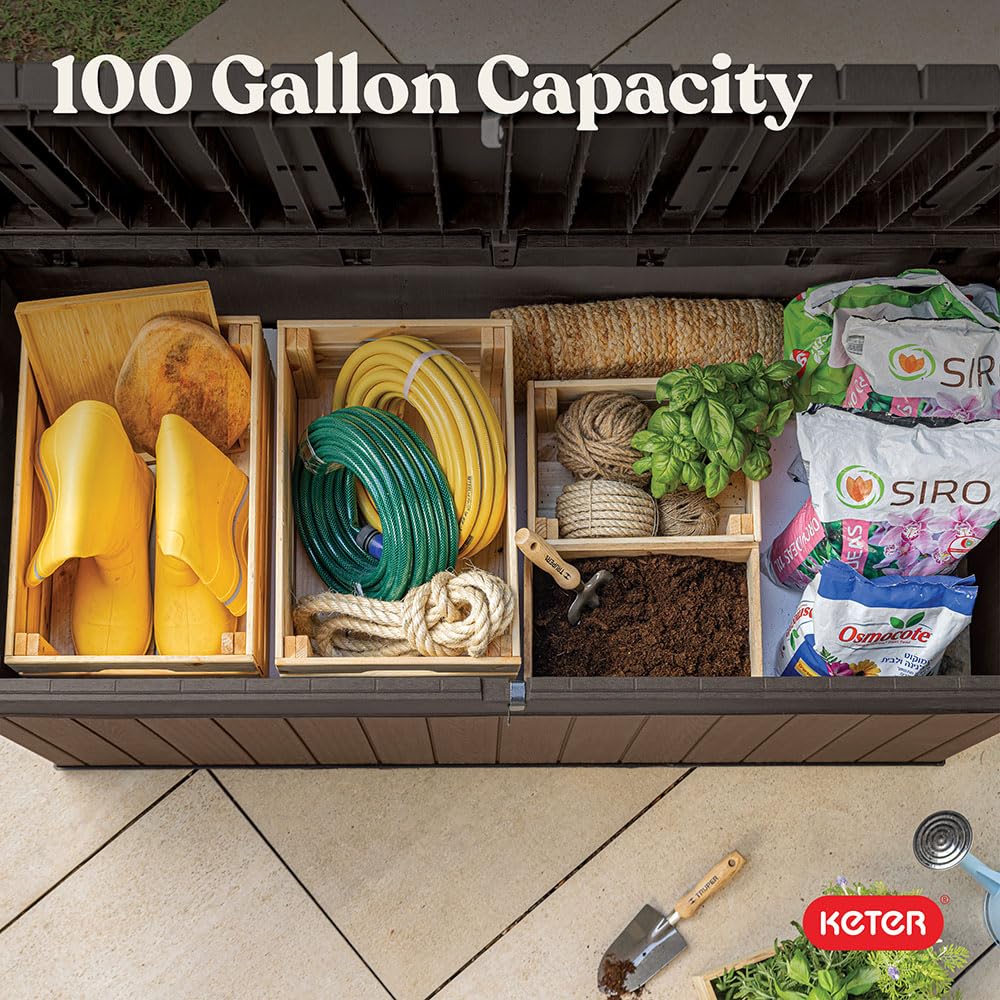Keter Darwin 100 Gallon Resin Large Deck Box - Organization and Storage for Patio Furniture, Outdoor Cushions, Garden Tools and Pool Gear