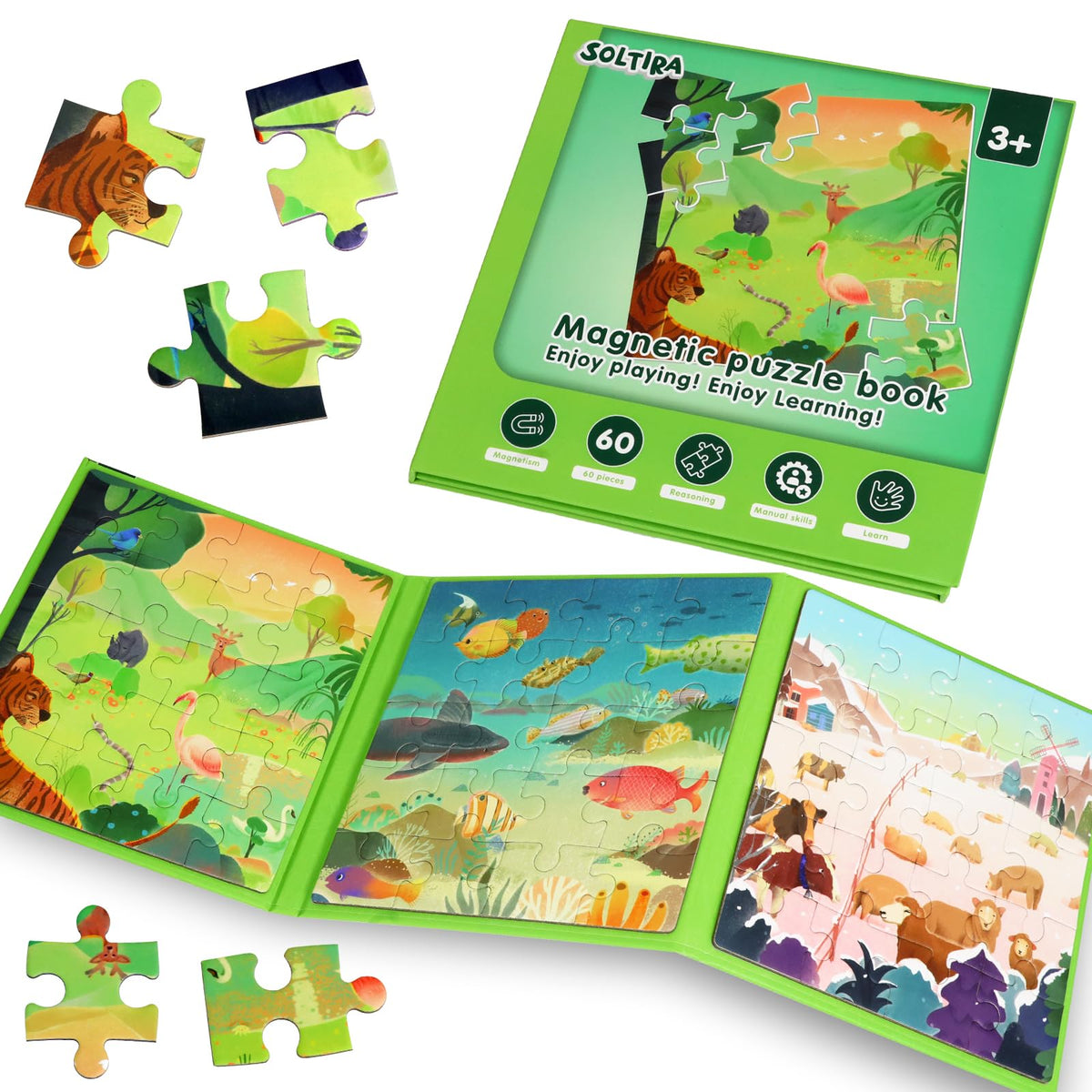 Magnetic Puzzles for Toddlers 3-5 60PCS-3 Animal Themes Magnetic Puzzles for Kids 4-6 Travel Puzzle for Airplane/Car/Road Trip/Gift Toys for 3 4 5 6 7 8 Girls and Boys